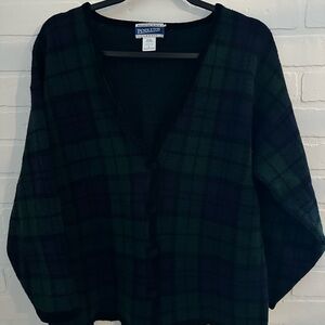 Vintage Pendleton Women's Navy/Green Plaid Wool Cardigan Sweater - Green/Navy